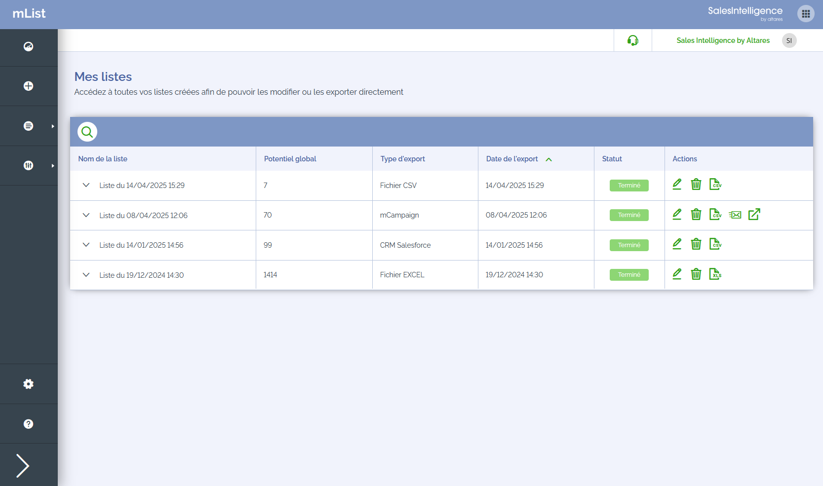 Mes listes exportées mList